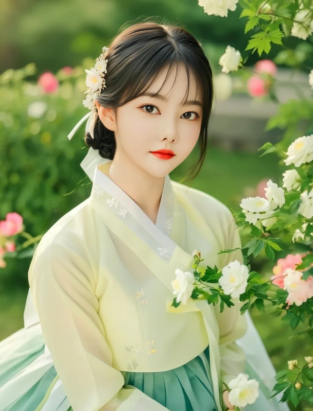 흰 꽃이 핀 정원에 선 연둣빛 한복