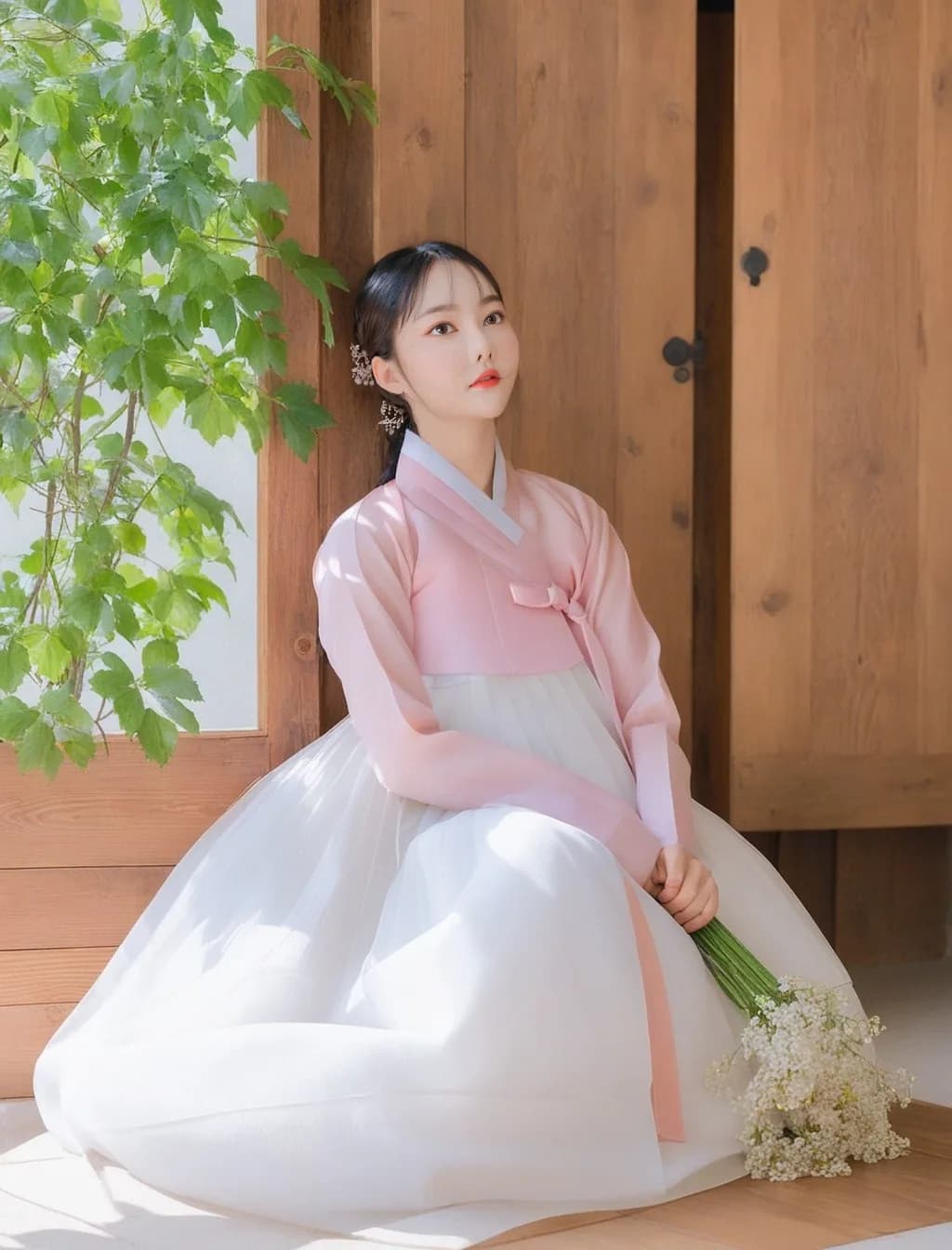 나무 문 앞에 앉은 분홍 저고리 한복