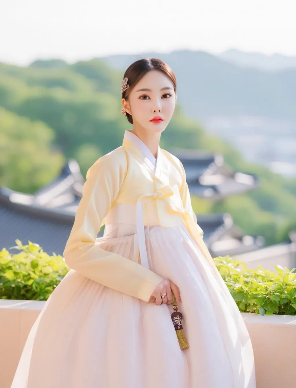 기와지붕이 보이는 곳에 선 노란 저고리 한복