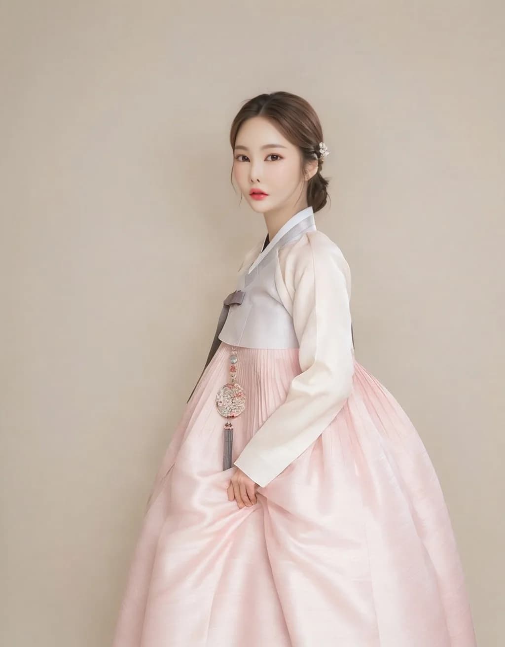 은은한 배경 앞에 선 분홍 치마 한복