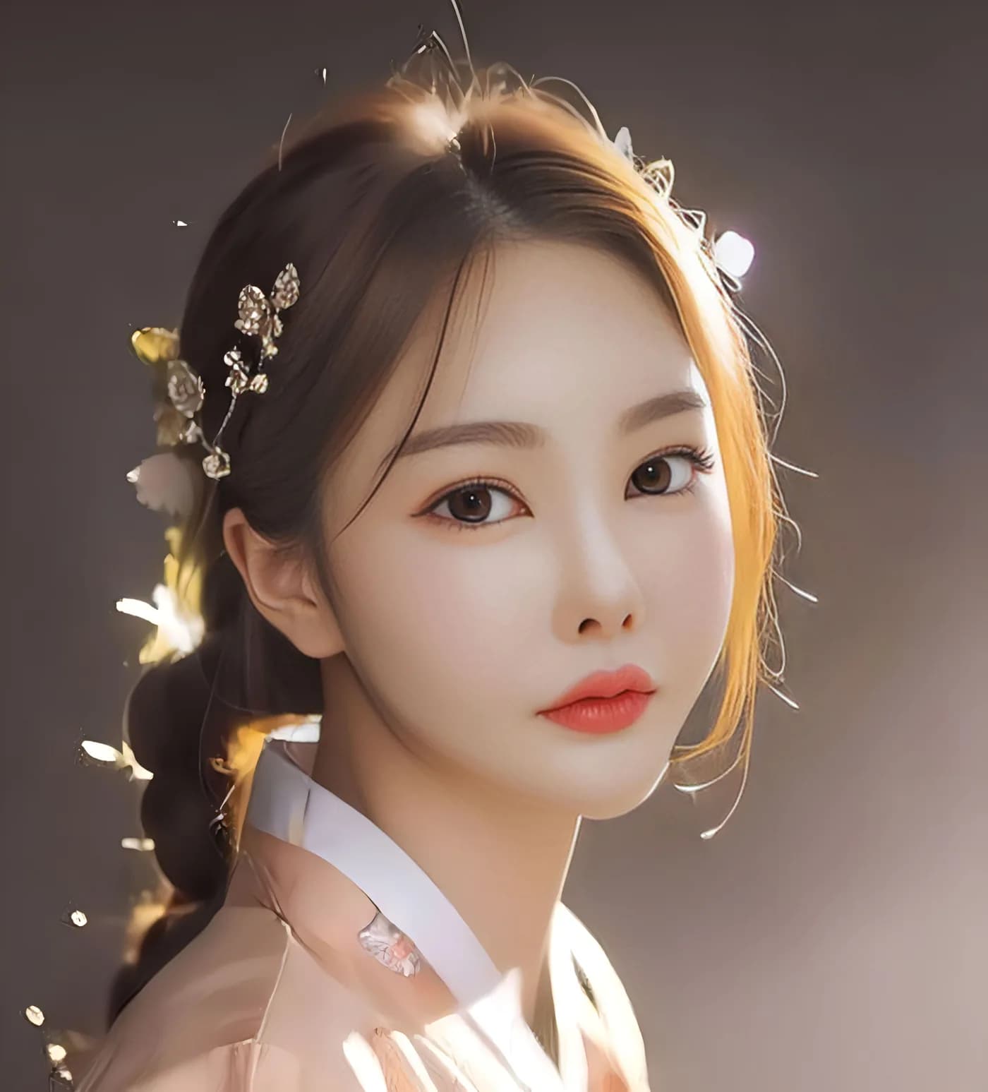 머리 장식을 하고 옆을 바라보는 한복 차림