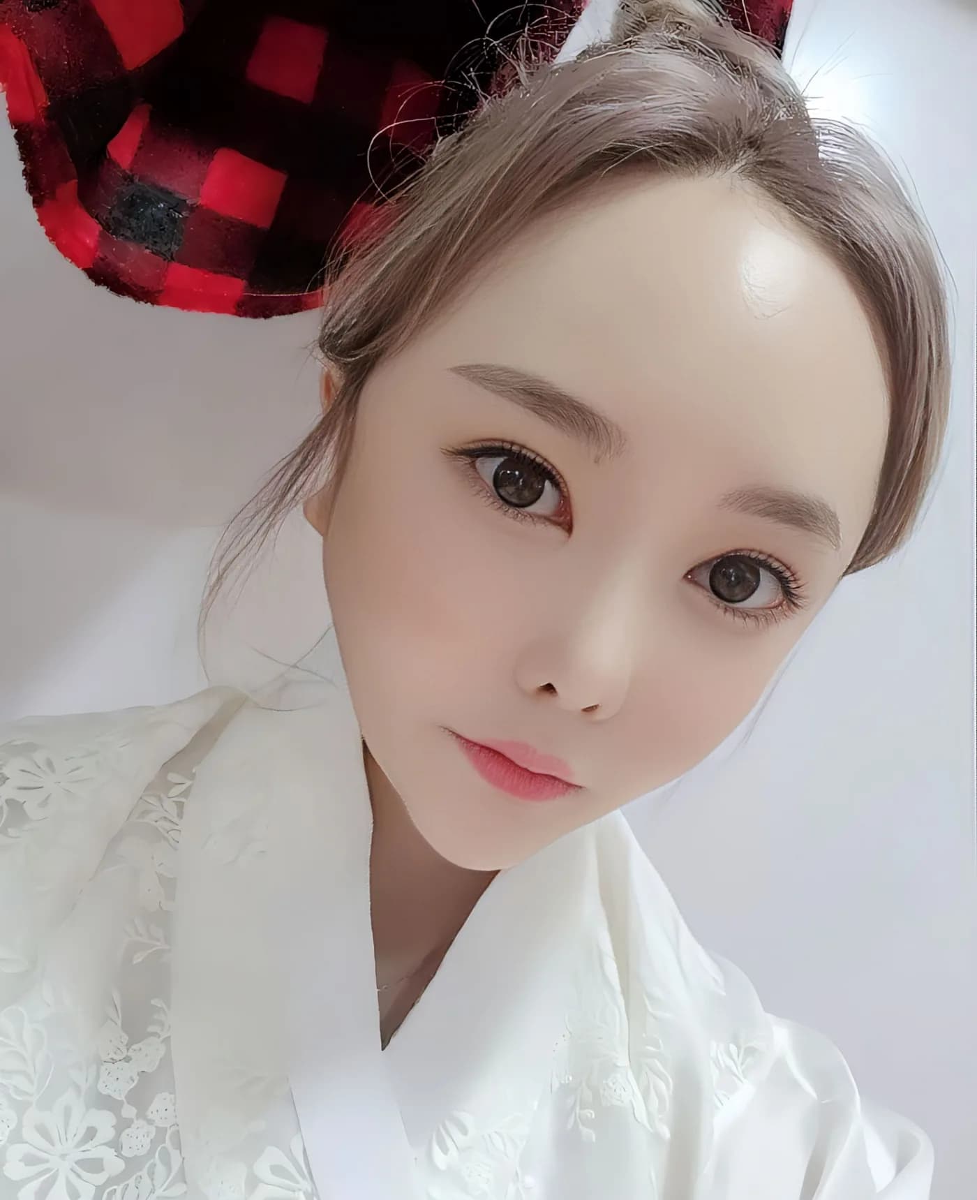 붉은 무늬를 배경으로 한 흰 한복 차림