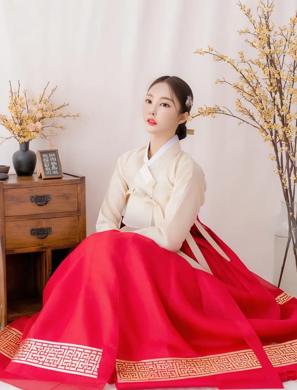 전통 가구와 개나리 곁에 앉은 붉은 치마 한복 차림