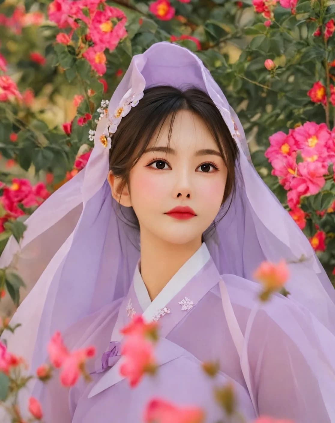 붉은 동백을 배경으로 연보라 너울을 쓴 모습